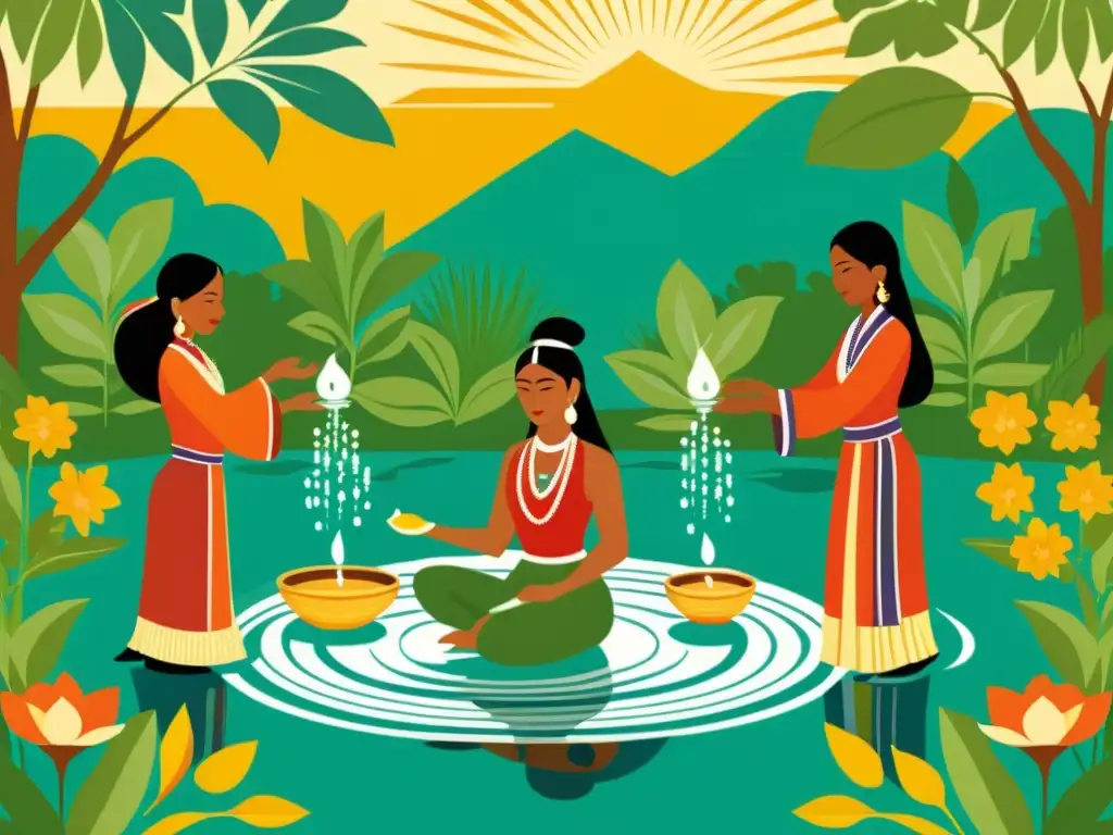 Una ilustración vintage de un grupo de personas indígenas realizando un ritual acuático, rodeado de exuberante vegetación y flores vibrantes