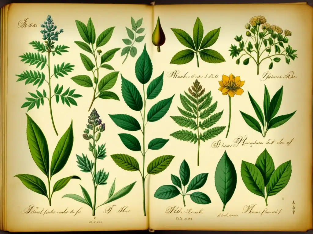 Una ilustración vintage de un herbario antiguo con detallados dibujos de hierbas medicinales y plantas, en pergamino envejecido