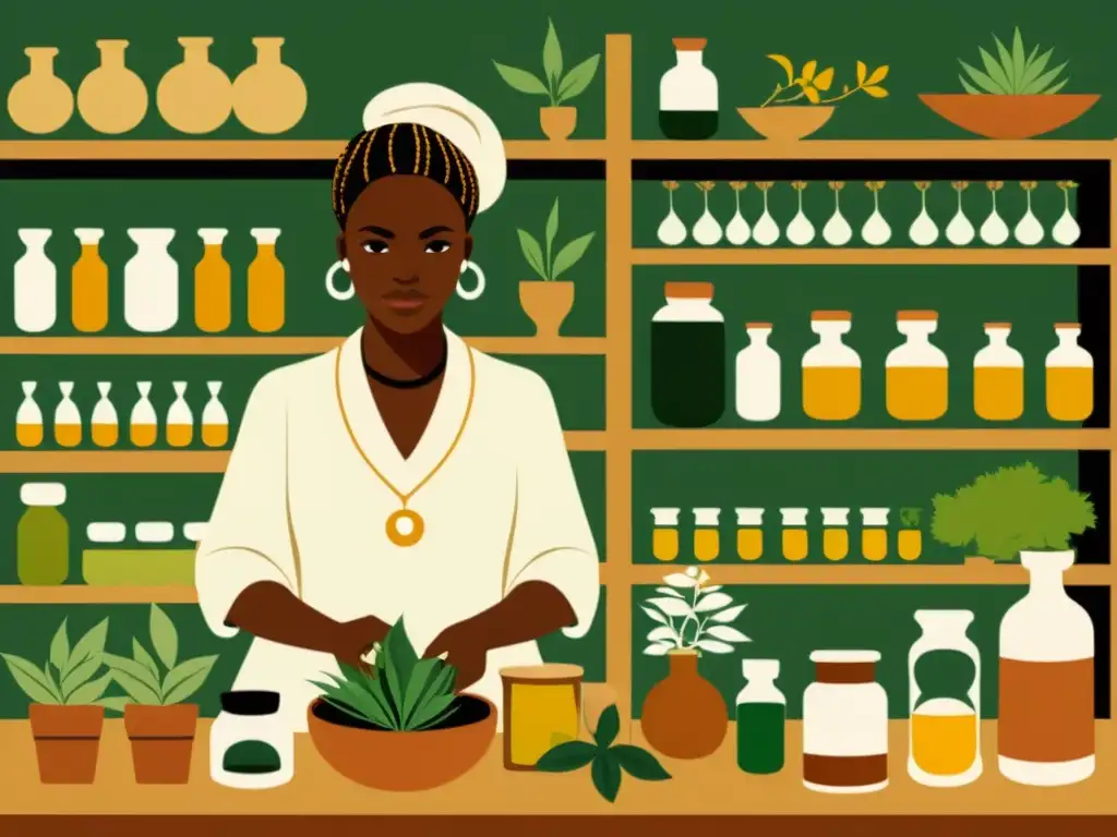 Una ilustración vintage de un herborista africano preparando una medicina espiritual rodeado de hierbas y plantas