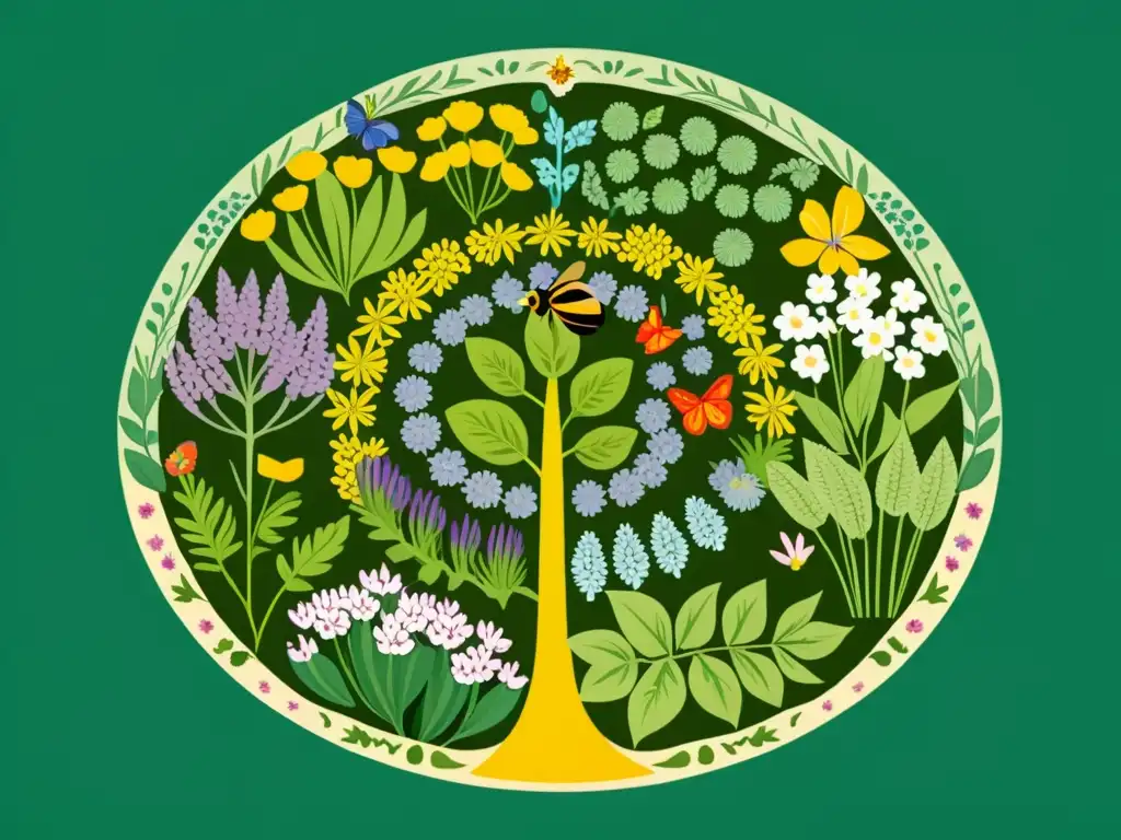 Una ilustración vintage de un jardín de hierbas biodiverso, con colores vibrantes y detalles intrincados