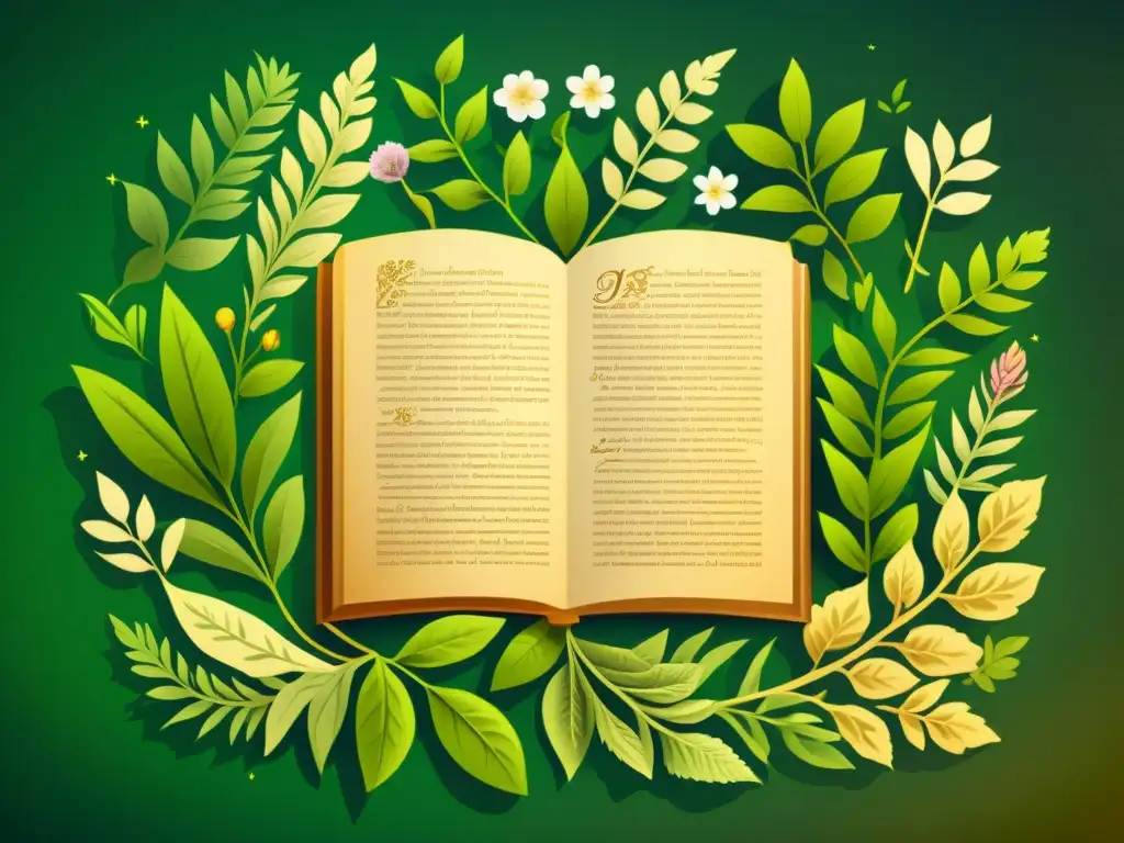 Una ilustración vintage de un jardín antiguo lleno de plantas medicinales en textos sagrados, con detalles ricos y una atmósfera serena y espiritual