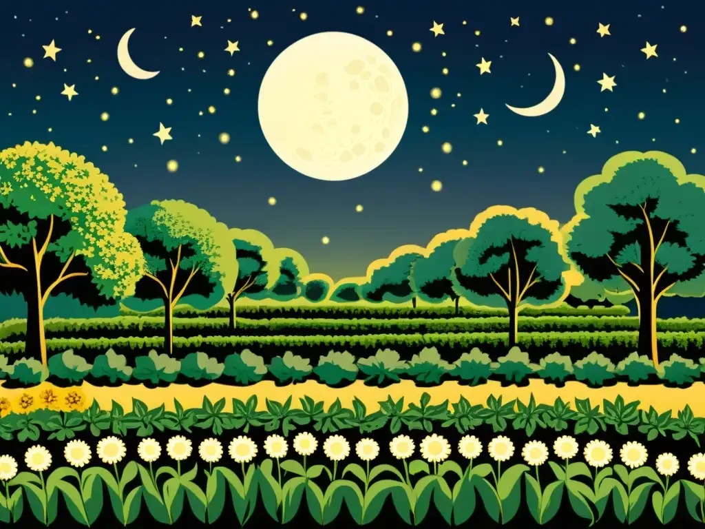 Una ilustración vintage de un jardín nocturno bajo la luz de la luna, mostrando la armonía de siembras según calendario lunar