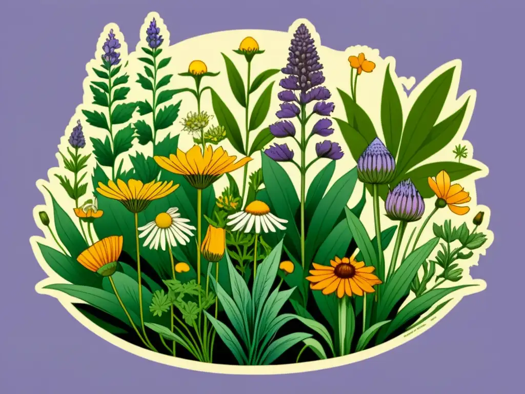 Una ilustración vintage de un jardín botánico con plantas medicinales como lavanda, manzanilla, equinácea y caléndula