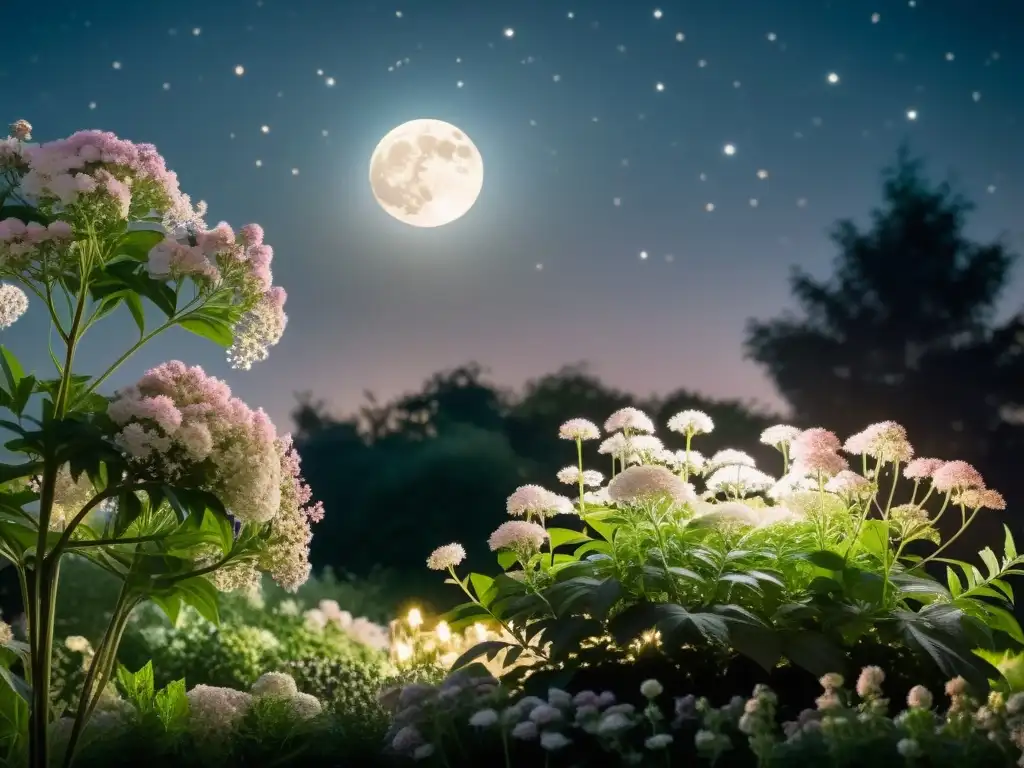 Una ilustración vintage de un jardín sereno iluminado por la luna, con una exuberante planta de Valeriana en primer plano