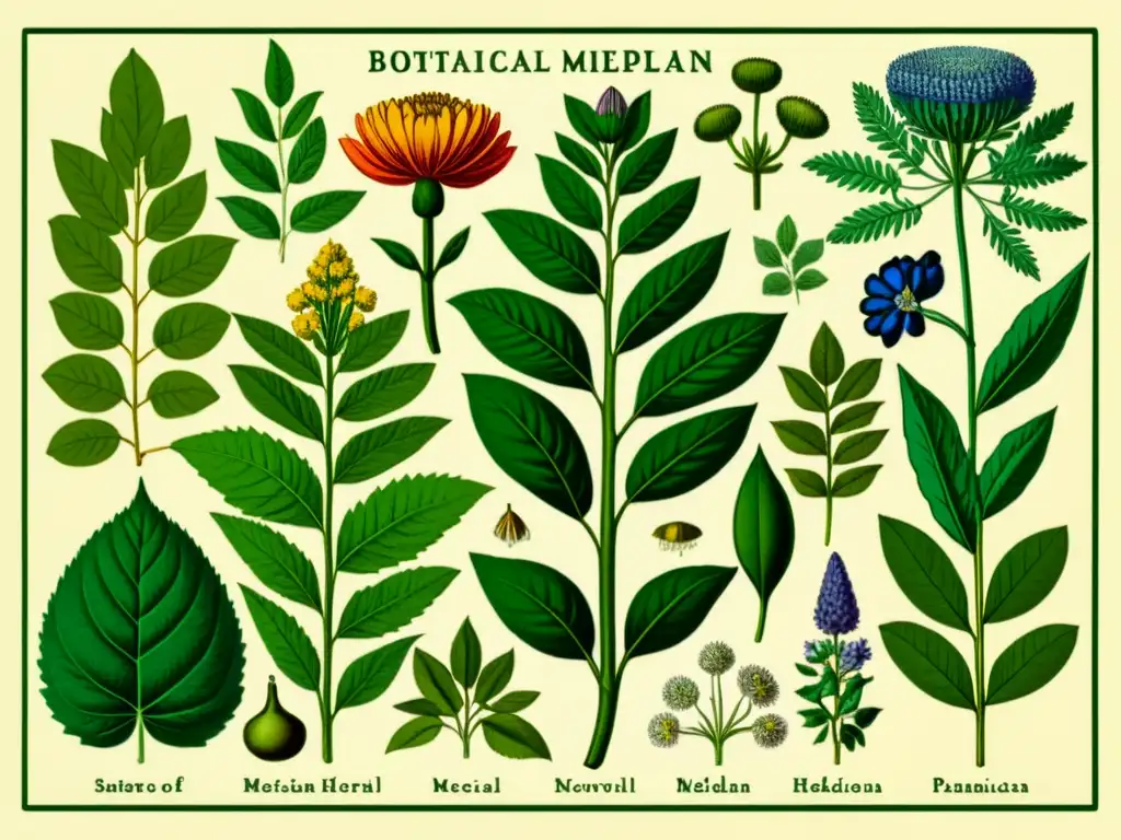 Botánica ilustrada de plantas medicinales tradicionales de todo el mundo, detallada y colorida