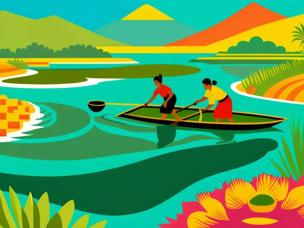 Imagen de ilustración vintage de agricultores aztecas recolectando espirulina en un lago vibrante