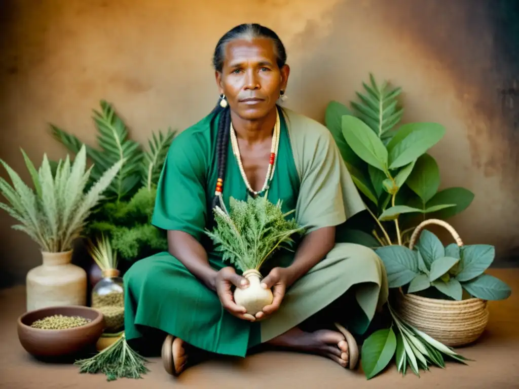 Una imagen de alta resolución estilo vintage de un sanador tradicional de una comunidad indígena, rodeado de hierbas medicinales y plantas