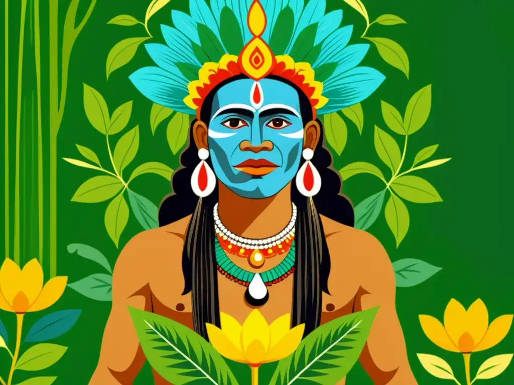 Imagen de un chamán amazónico realizando un ritual de sanación con plantas medicinales, rodeado de exuberante vegetación