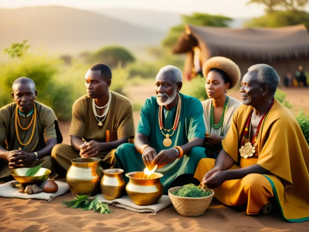 Imagen de ancianos africanos en ritual de medicina tradicional, practicando rituales de muerte africanos al atardecer