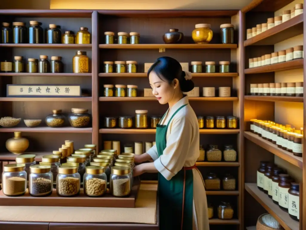 Imagen de una antigua botica china con estantes repletos de frascos de raíz de astrágalo y otras hierbas medicinales tradicionales