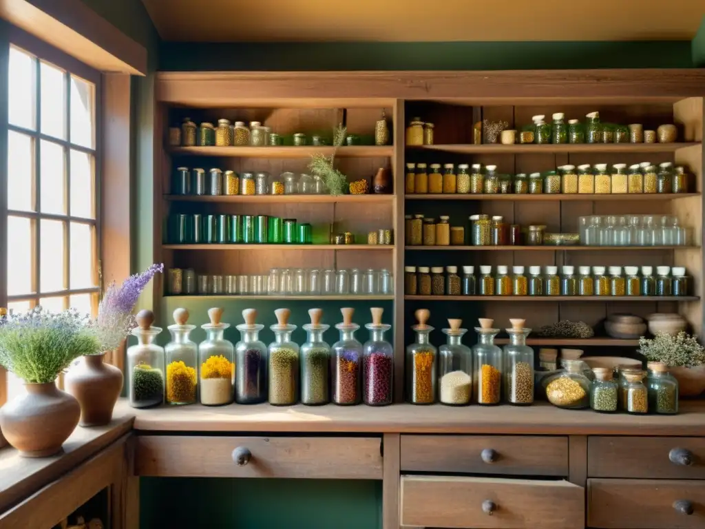 Imagen en 8k de una antigua botica con estantes llenos de botellas de vidrio con hierbas, raíces y flores
