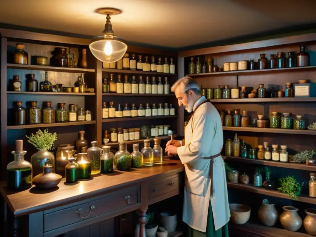 Imagen de una antigua botica con hierbas, pociones y un herborista seleccionando ingredientes, evocando la recuperación de prácticas médicas olvidadas