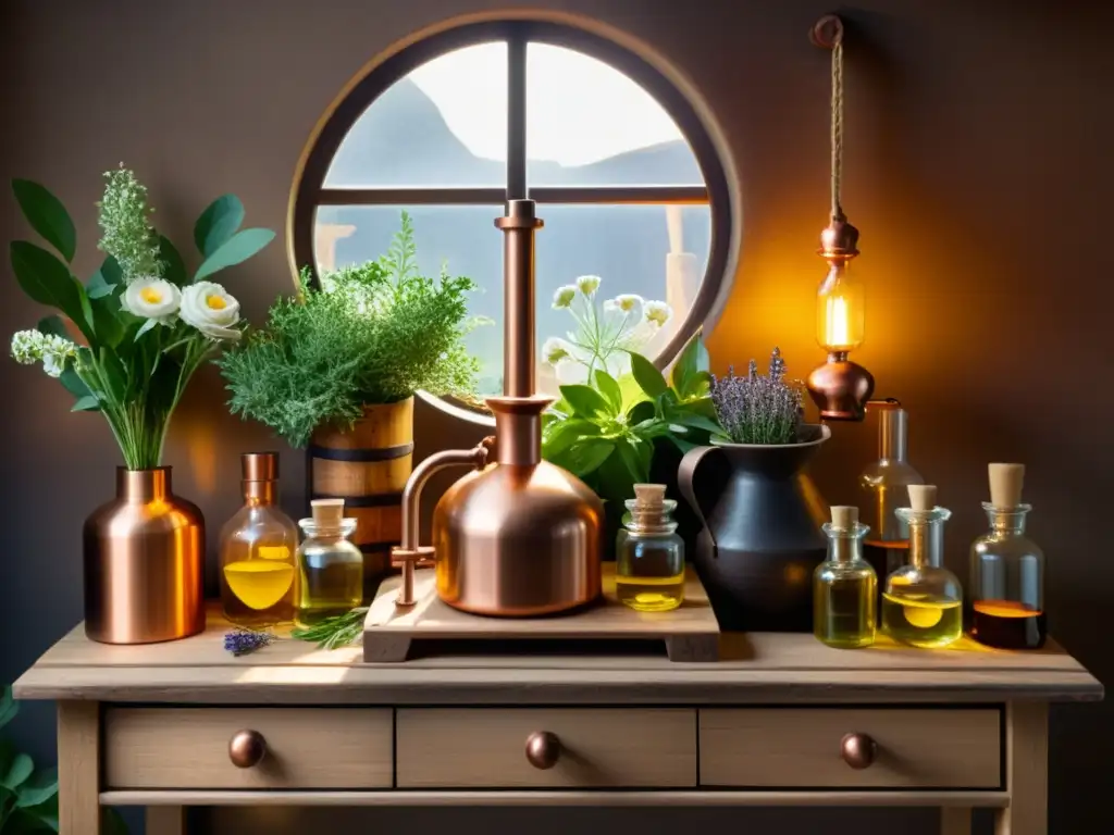 Imagen de una antigua destilación de aceites esenciales con hierbas y flores, evocando tradición y artesanía en un taller rústico y cálido