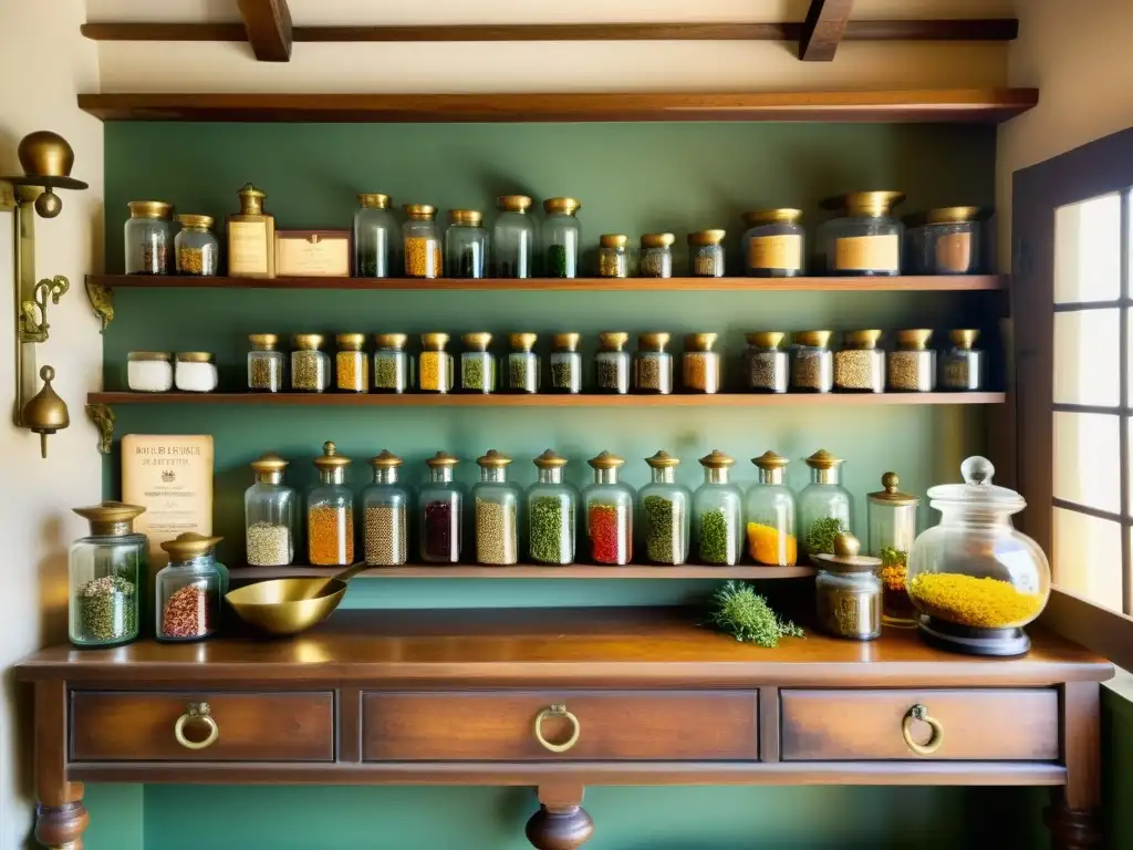 Tienda de hierbas y botánicos: tradición europea Imagen de una antigua botica europea con hierbas y utensilios de medicina tradicional en Europa clásica