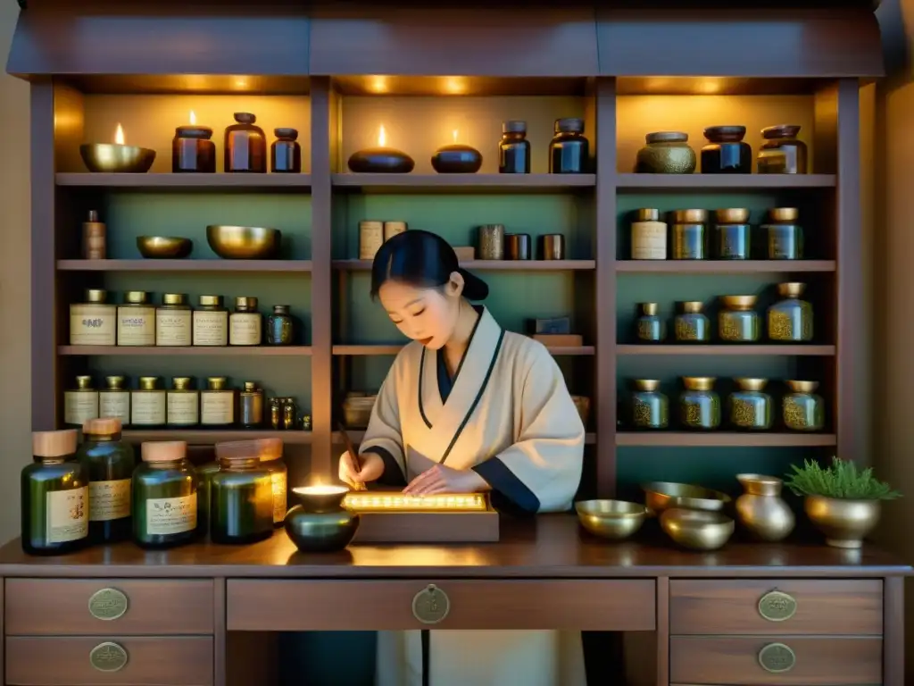 Imagen de una antigua farmacia de medicina tradicional coreana, con estantes de madera llenos de hierbas y raíces