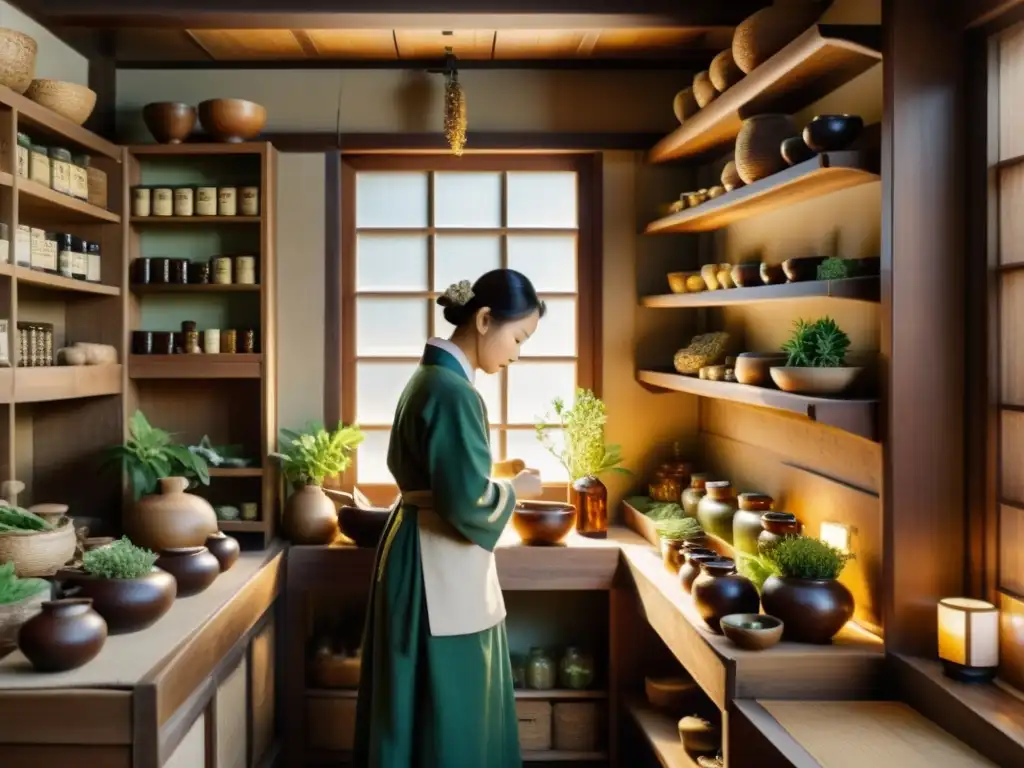 Imagen 8k de una antigua tienda de medicina coreana, con hierbas y herramientas tradicionales