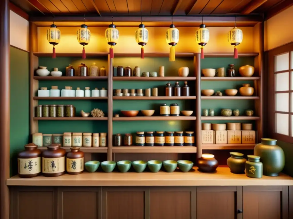 Imagen de una antigua tienda de medicina china con estantes de madera, hierbas y un practicante preparando remedios