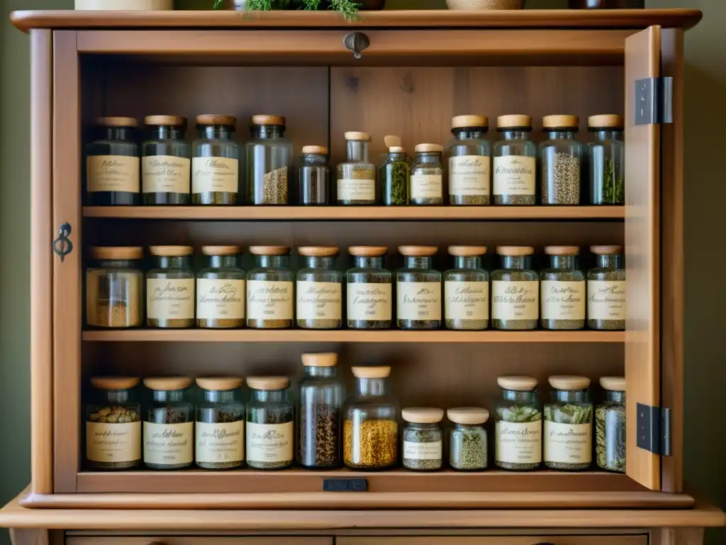 Una imagen de un antiguo gabinete de botica lleno de hierbas medicinales tradicionales escandinavas, con etiquetas en caligrafía elegante