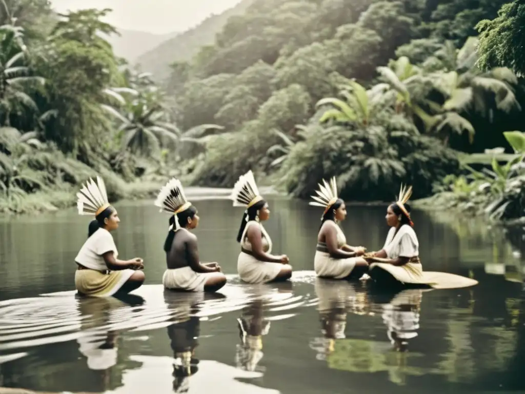 Imagen de un antiguo ritual acuático de indígenas, con vestimenta tradicional y conexión espiritual con el agua