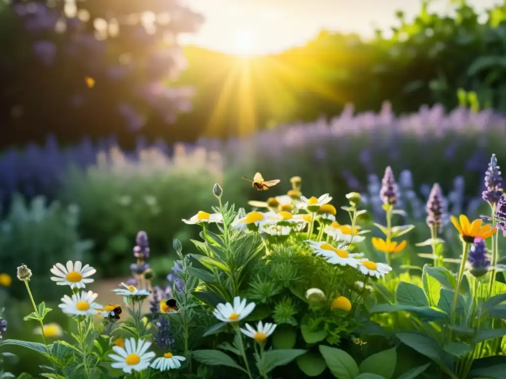 Imagen de un apacible jardín de hierbas medicinales vintage, bañado por cálida luz solar, con abejas y mariposas entre las flores