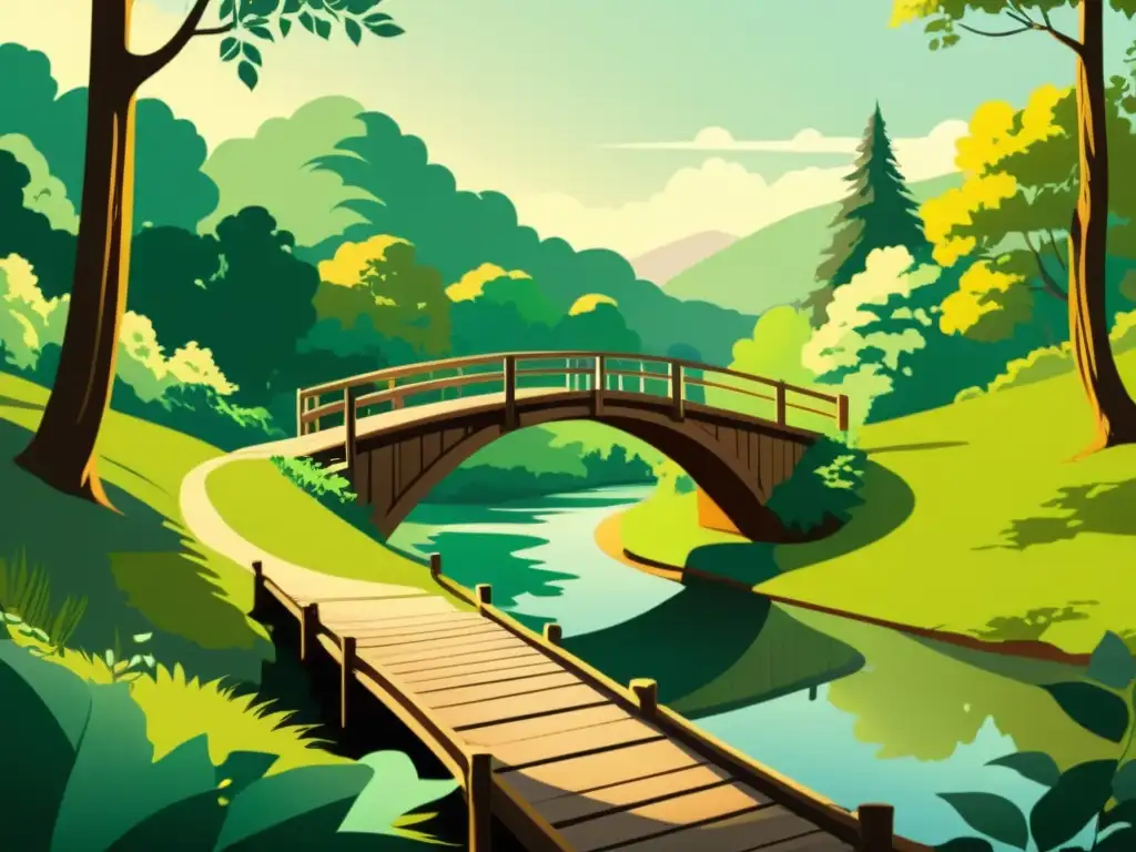 Imagen de un apacible paisaje natural con río sereno y puente de madera, evocando retiros medicina tradicional estrés moderno