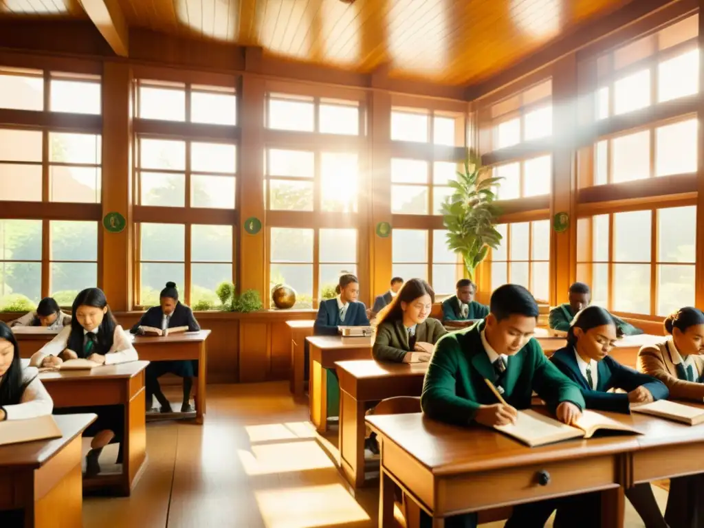 Imagen de una aula universitaria con estudiantes debatiendo sobre medicina ancestral, con herramientas y plantas tradicionales en los escritorios