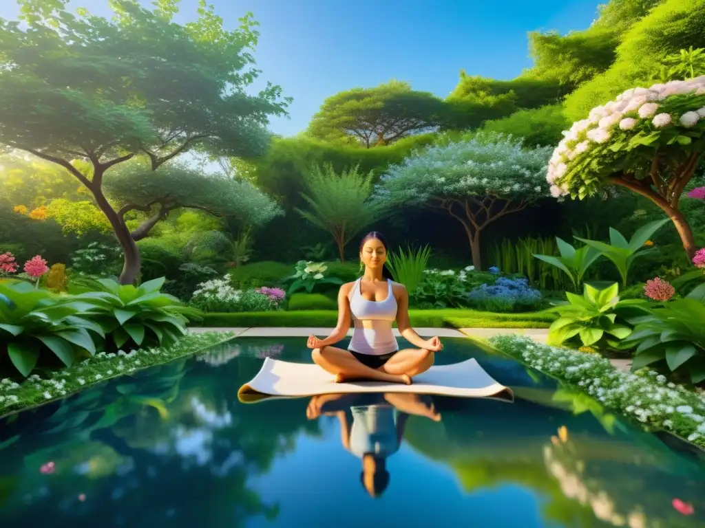 Imagen de jardín ayurvédico sereno con practicante de yoga en equilibrio con la naturaleza