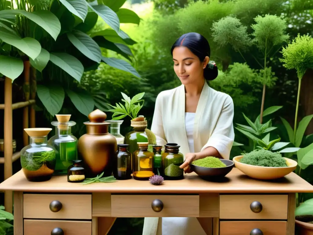 Imagen de un jardín ayurvédico sereno con un practicante preparando hierbas medicinales