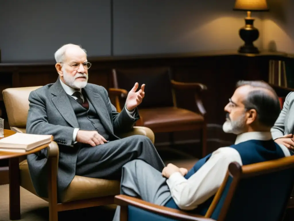 Imagen en blanco y negro de Sigmund Freud y sus colegas en una animada discusión en su estudio, evocando la historia de la psicoterapia tradicional