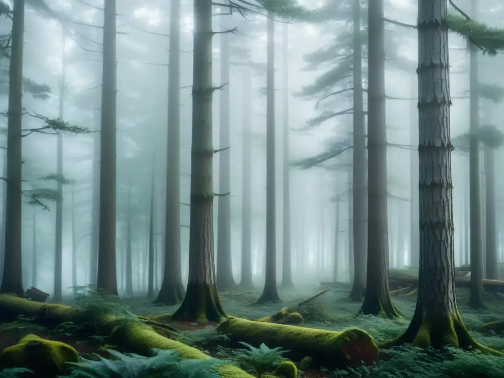 Imagen de un bosque cubierto de neblina al amanecer, evocando serenidad y autoconocimiento en retiros de medicina tradicional