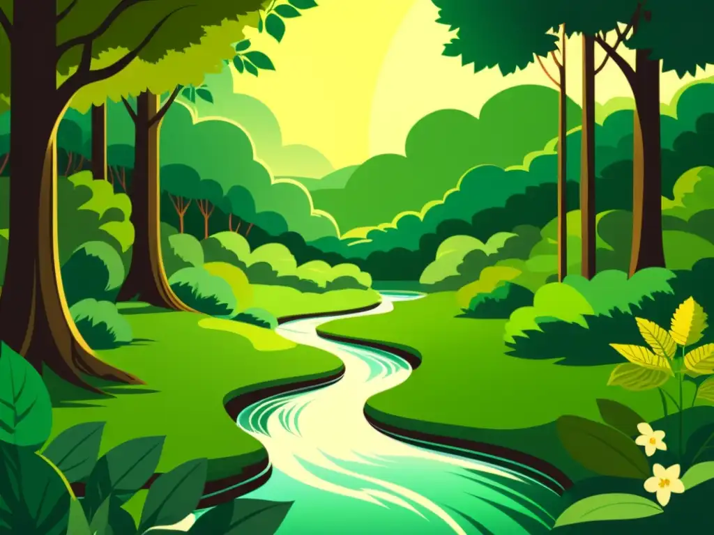 Bosque sereno: naturaleza para reducir el estrés Imagen de un bosque exuberante con luz solar entre las hojas, mostrando los beneficios adaptógenos para reducir estrés en la naturaleza