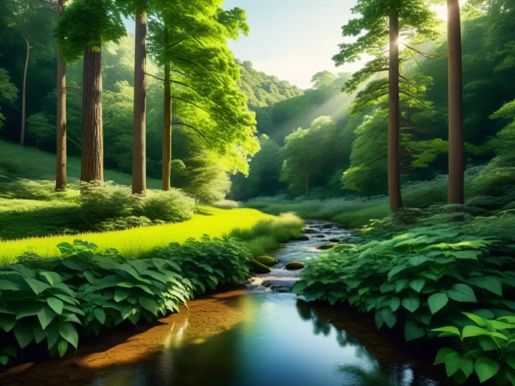 Bosque sereno: ilustración vintage de paz natural Imagen de un bosque sereno con árboles verdes y un arroyo tranquilo