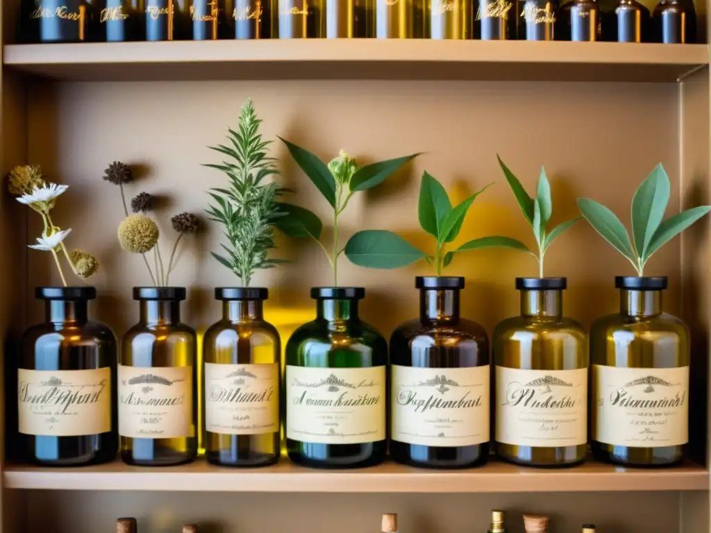 Imagen de botellas vintage con plantas psicoactivas para uso terapéutico, evocando tradición y conocimiento en apotecario histórico