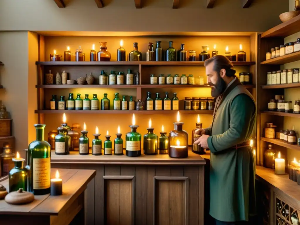 Imagen de una bulliciosa tienda de medicina popular en la Europa antigua, iluminada por velas y llena de frascos y hierbas secas