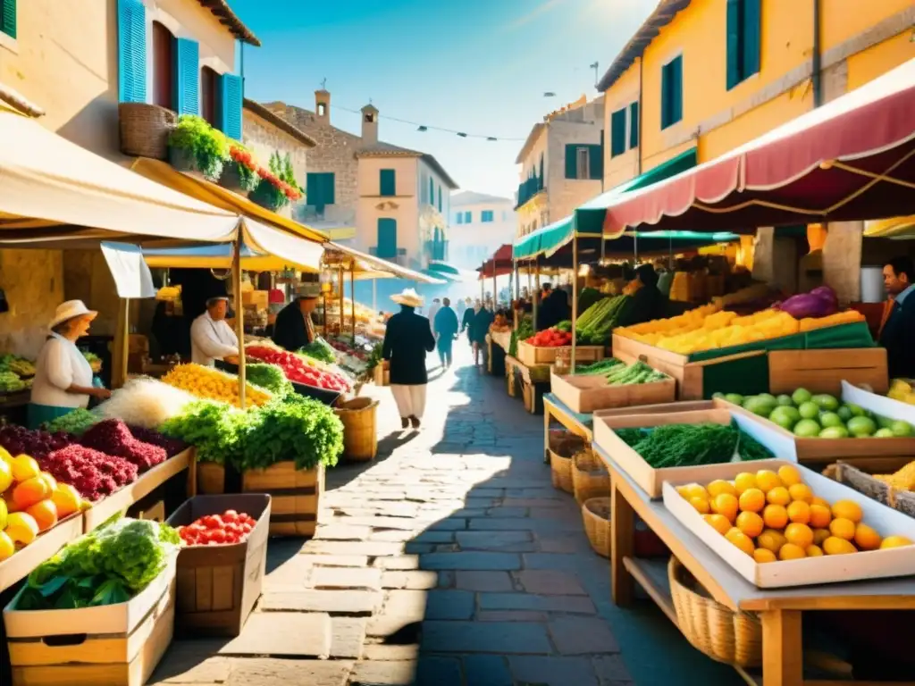 Imagen de un bullicioso mercado mediterráneo tradicional, con frutas, verduras y hierbas aromáticas frescas