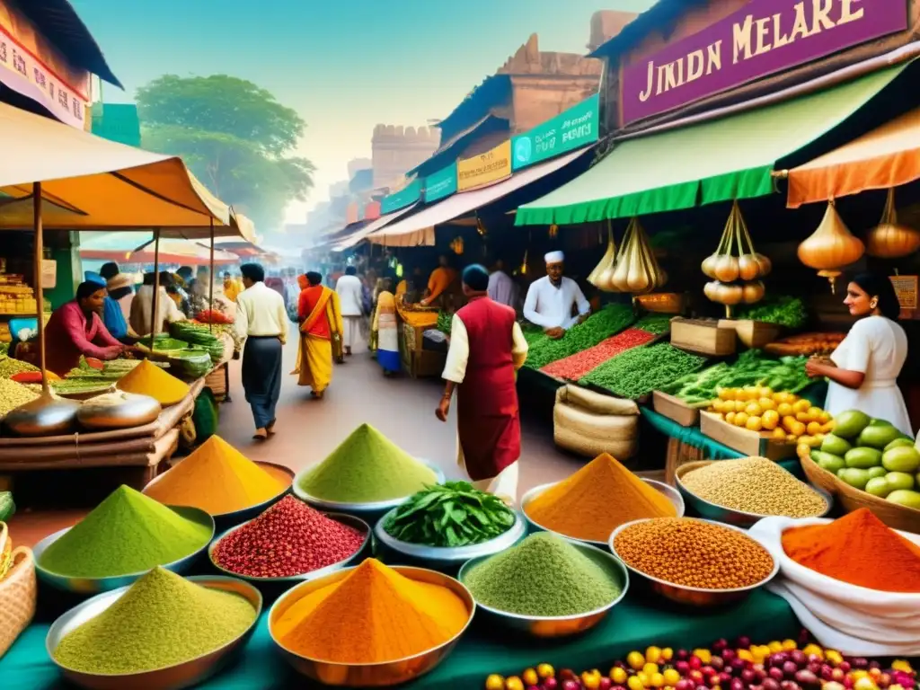 Imagen de un bullicioso mercado tradicional indio con vibrantes colores y alimentos