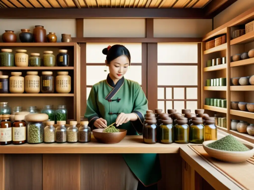 Imagen cálida de una antigua tienda de medicina china, con estantes de madera llenos de hierbas y un herbolario sabio mezclando pociones