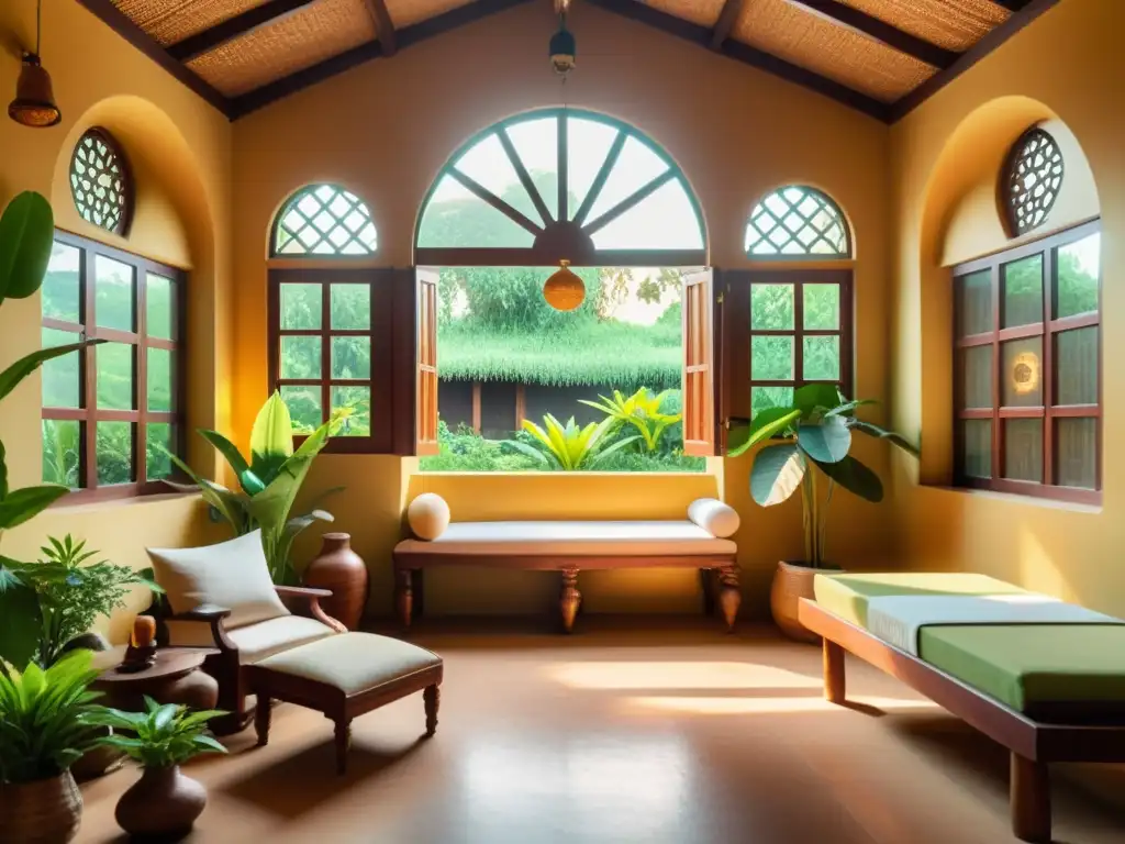 Imagen 8k de un centro de medicina tradicional de diversas culturas en India, con ambiente sereno y curativo
