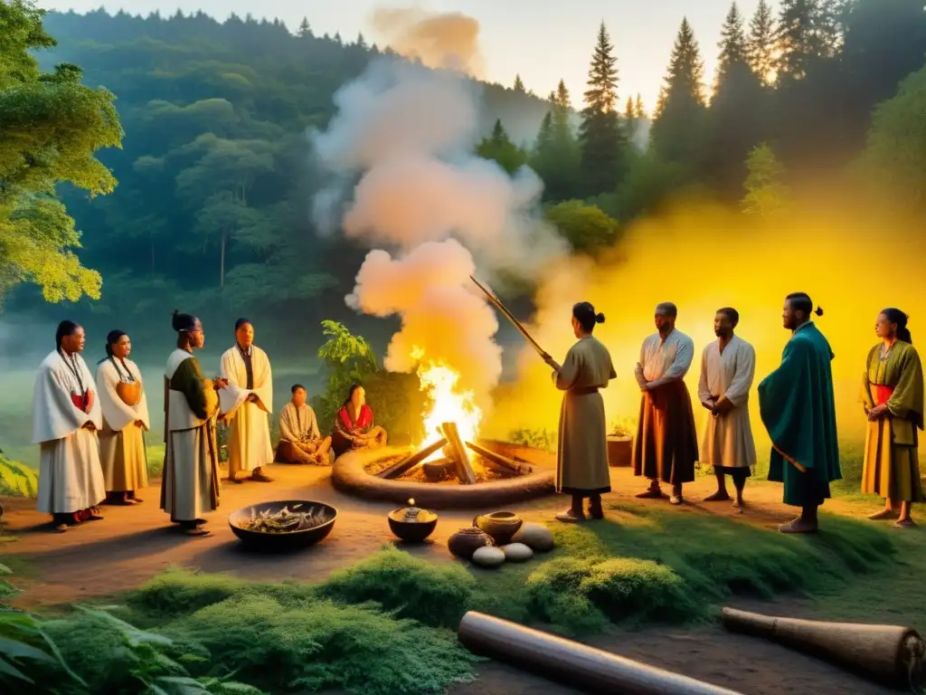 Imagen de una ceremonia de medicina ancestral en el bosque con un chamán y un grupo de personas