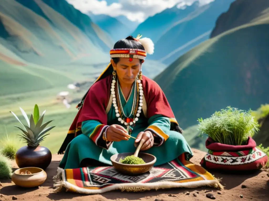 Imagen de un chamán andino en un reencuentro espiritual en los talleres de medicina ancestral andina, rodeado de la exuberante naturaleza de los Andes