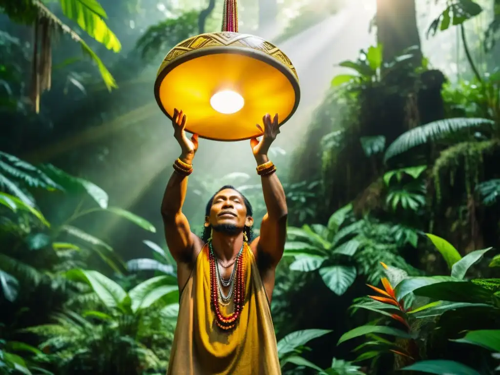 La imagen muestra un chamán realizando una ceremonia de medicina ancestral en la selva, evocando vivencias únicas en retiros de medicina ancestral