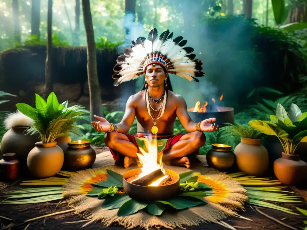 Imagen de un chamán realizando un ritual espiritual en un bosque exuberante, con transformación interna, antiguos ritos y medicina tradicional