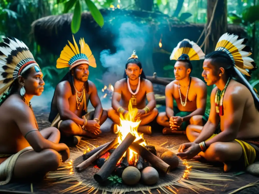 Imagen 8k de chamanes indígenas curanderos realizando una ceremonia de sanación en la selva, rodeados de secretos medicinales