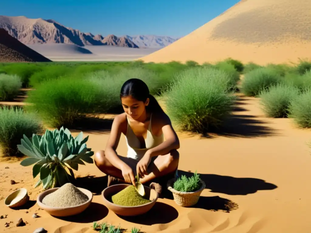 Imagen de comunidad del desierto cultivando y usando hierbas medicinales, reflejando su conexión cultural con la naturaleza