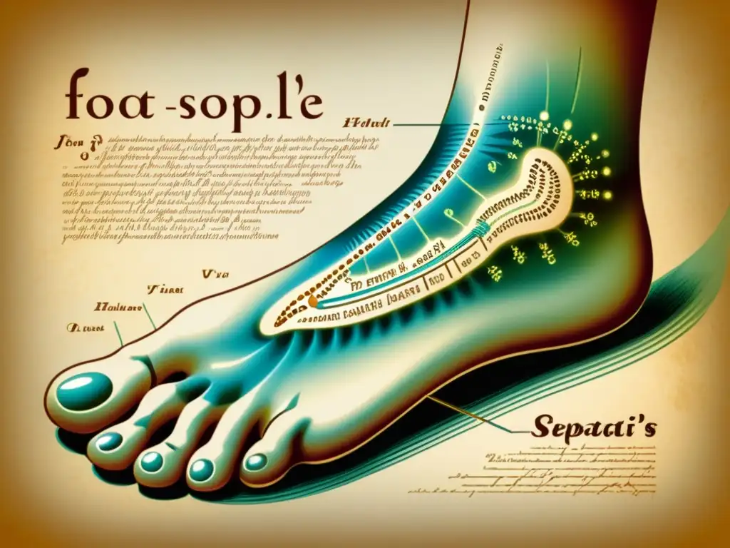 Imagen sepia de delicados masajes en los pies, con puntos de reflexología resaltados