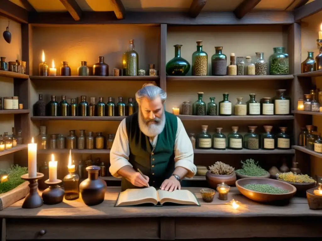 Imagen detallada de una antigua botica con hierbas secas y velas, evocando la historia farmacológica de la medicina herbal