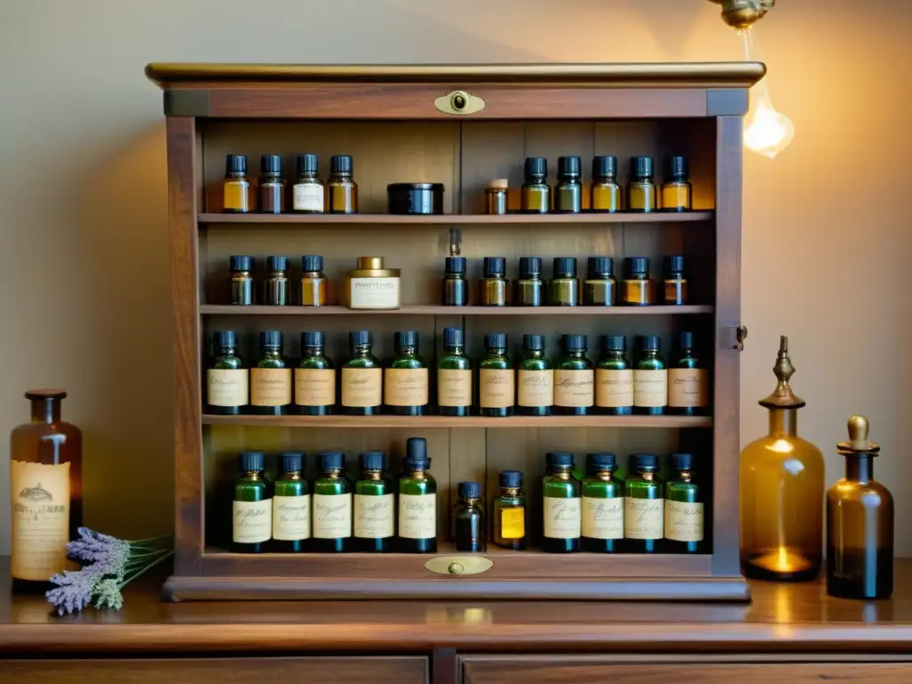 Antiguo gabinete de boticario con esencias y botellas de aceites esenciales Una imagen detallada de un antiguo gabinete de boticario lleno de botellas de vidrio de aceites esenciales, con etiquetas intrincadas