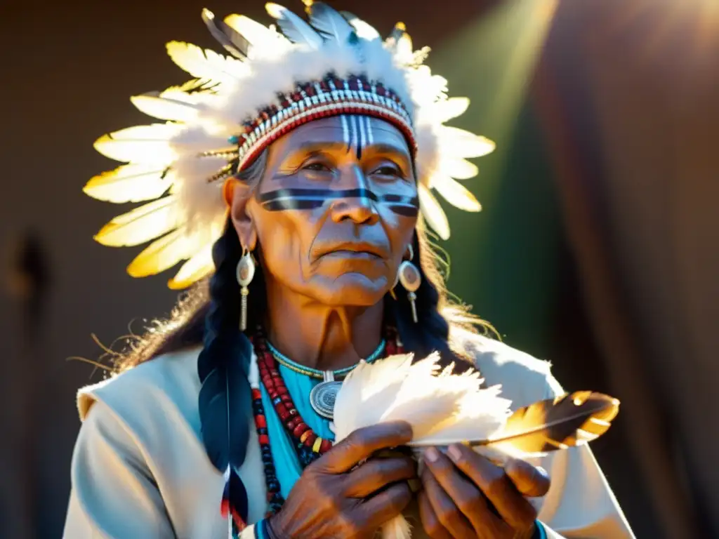 Imagen detallada de curandero nativo sosteniendo plumas ceremoniales con propiedades curativas, iluminado por la luz solar