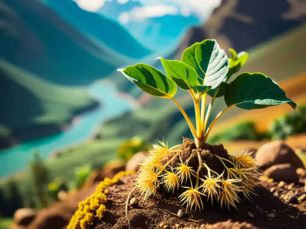 Una imagen detallada en estilo vintage de una vibrante planta de Maca creciendo en los Andes