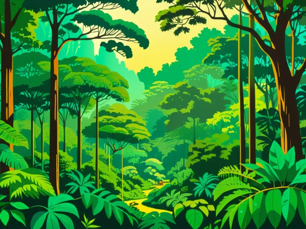 Imagen detallada de la exuberante selva amazónica, con plantas medicinales y pueblos indígenas, mostrando su impacto global